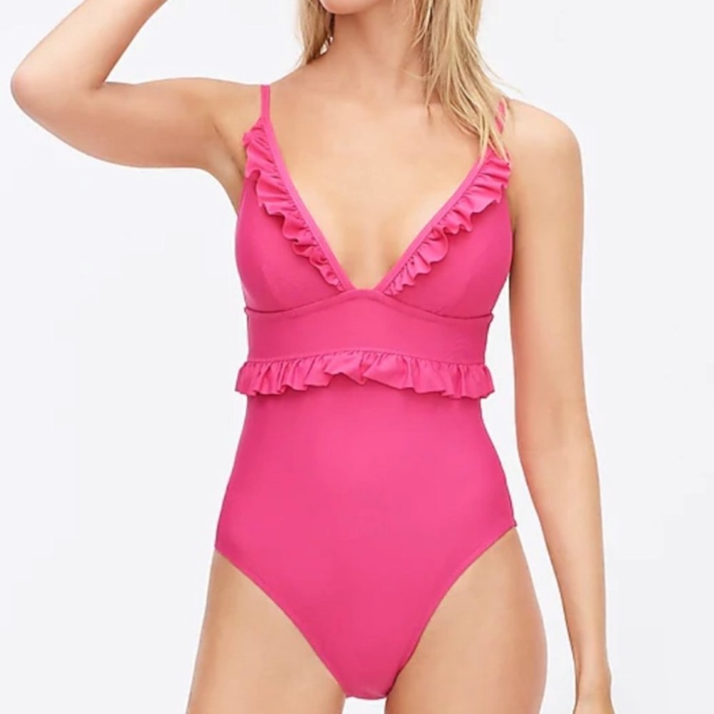 J Crew pink ruffle deep v swimsuit size 6 used